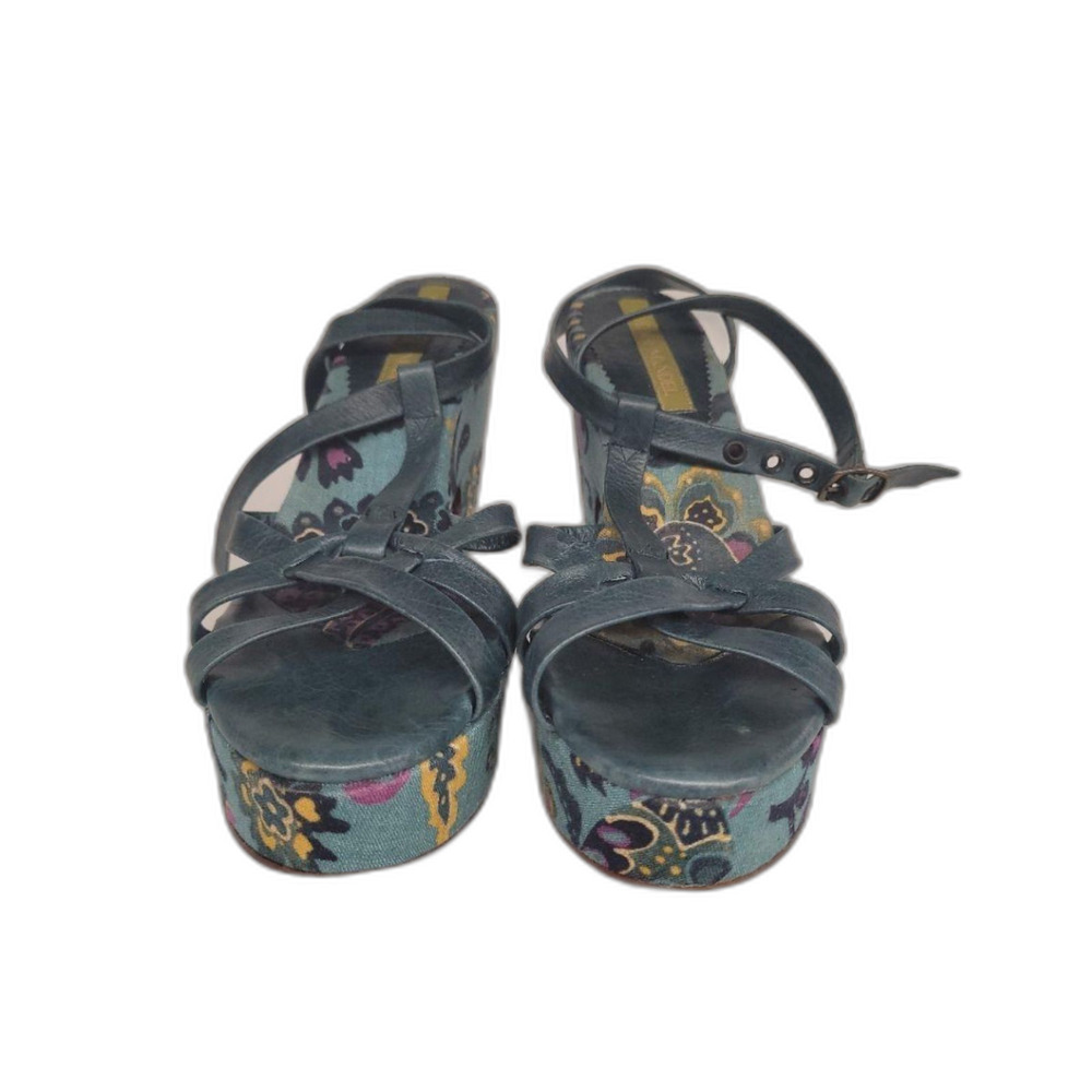 Cydney Mandel Teal Paisley Floral Brocade Canvas T-Strap Platform Wedges 8.5